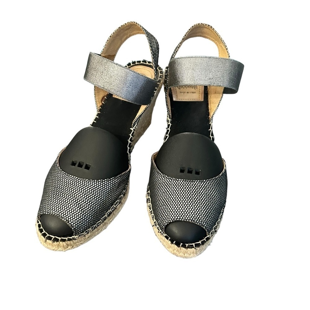 Vidorreta Espadrille Sandals Womens 9.5 Blk& Silver Slingback Rope 3" Wedge Heel